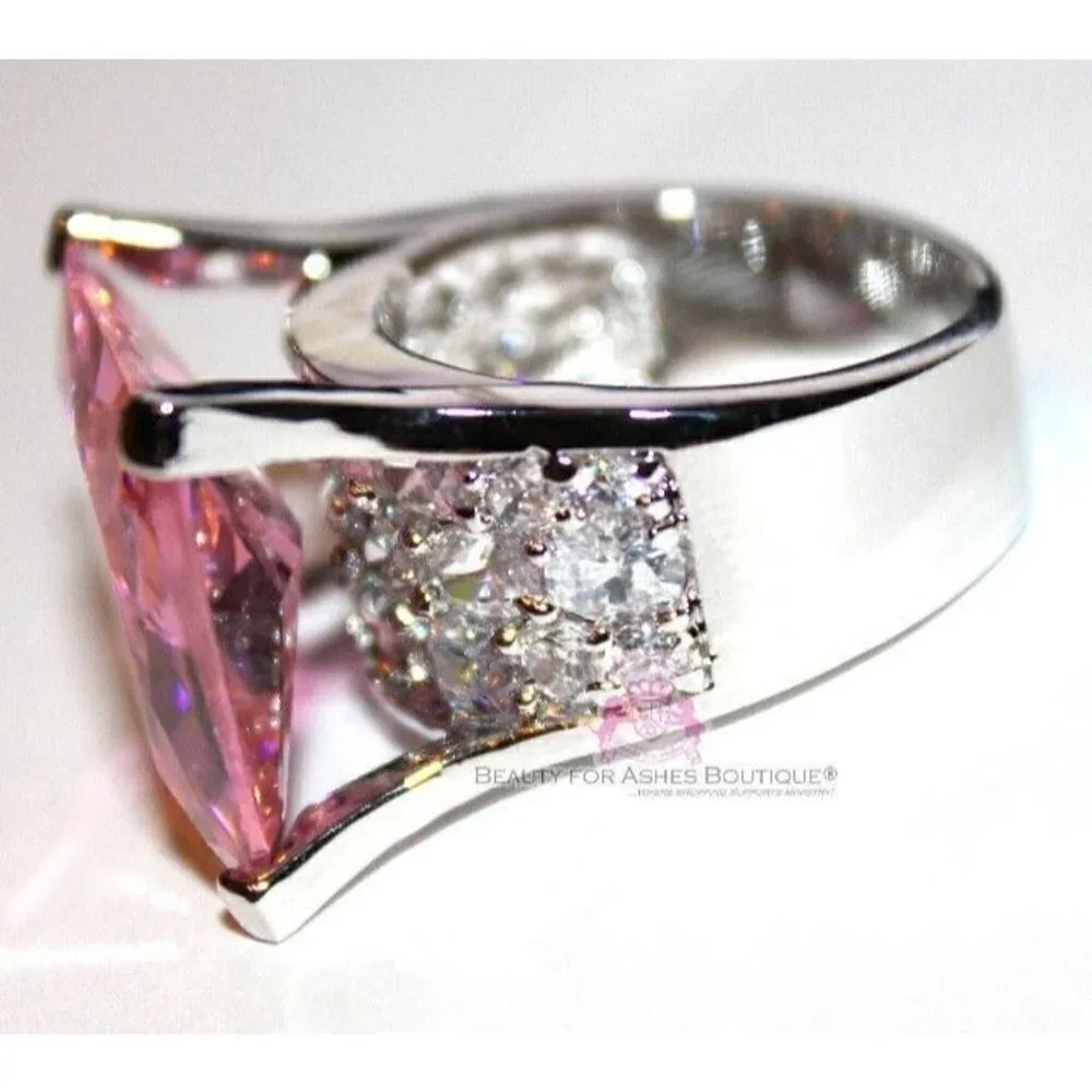 Rectangle Pink Tourmaline Ice Cz Chunky Cubic Zirconia Glam Cocktail Ring Size 7
